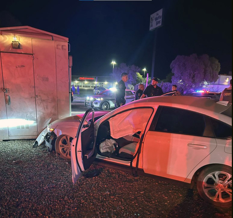 Car collision with railroad electrical box in Madera